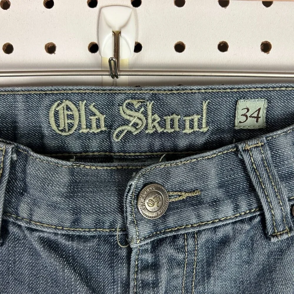 Old Skool Y2K Gothic Baggy Jeans 34x34 Blue Grunge Embroidered Honeycomb Gray‎